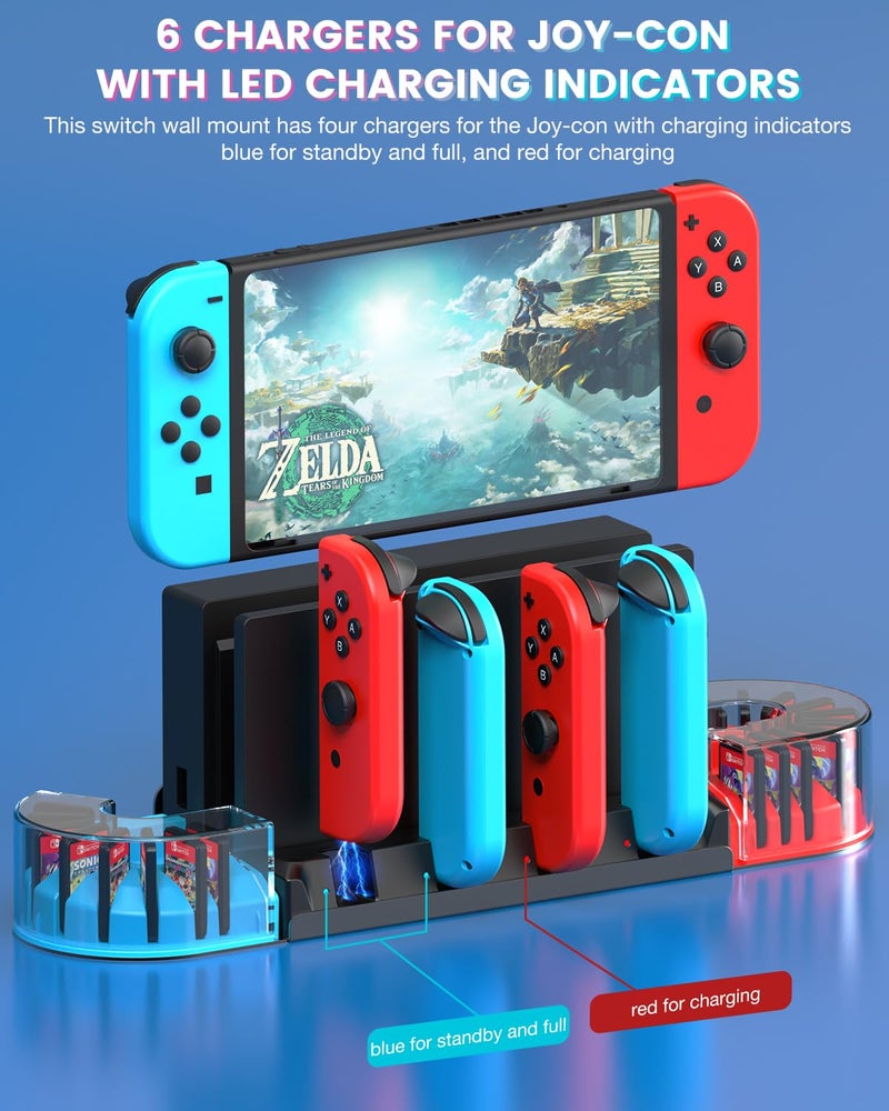 KUNSLUCK Switch Wall Mount with Joy-Con Charger, Wall Mount Switch Charging Dock Station with 20 Game Card Storage and 6 Charger for Joy-Con (Black) - Image 4